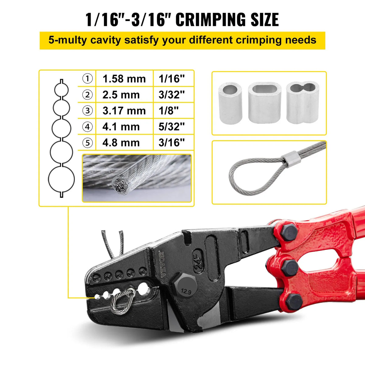 VEVOR 610 mm Hand Press Crimper with 5 Dies, Suitable for 1.5–4.8 mm Copper and Aluminium Oval and Terminal Lugs, Wire Crimping Tool with Long Handle and Labour-Saving Mechanism