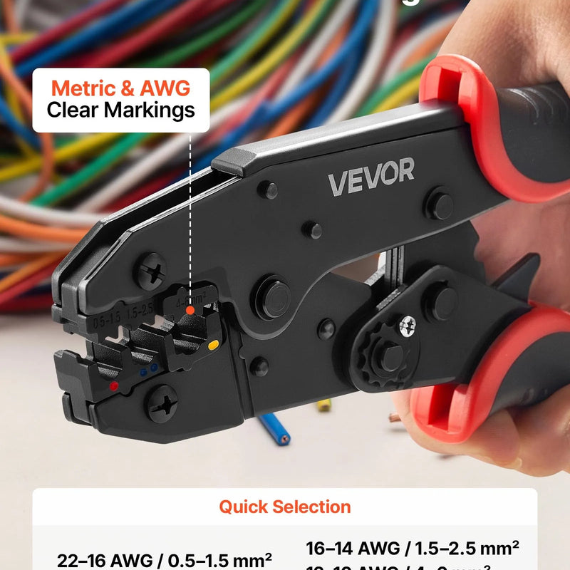 VEVOR vadu uzgaļu presēšanas knaibles 0,5–6 mm², sprūdrata tipa kabeļu presēšanas instruments ar regulējamu spēku, ātro atbrīvošanu un skaidriem metriskajiem marķējumiem dažādiem spaiļu veidiem