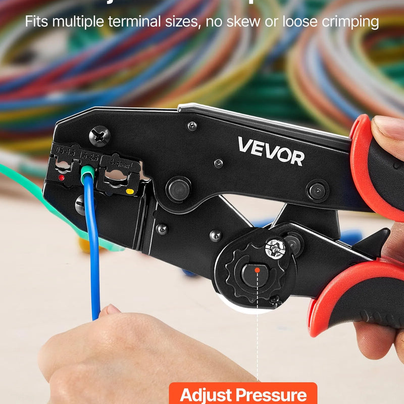 VEVOR vadu uzgaļu presēšanas knaibles 0,5–6 mm², sprūdrata tipa kabeļu presēšanas instruments ar regulējamu spēku, ātro atbrīvošanu un skaidriem metriskajiem marķējumiem dažādiem spaiļu veidiem
