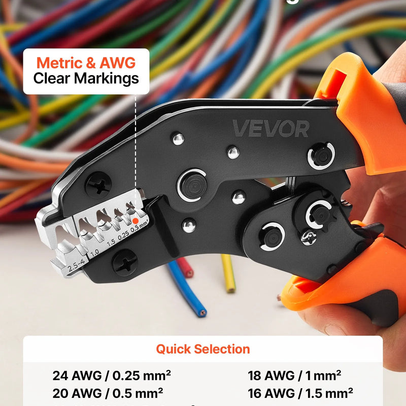VEVOR vadu uzgaļu presēšanas knaibles 0,25–4 mm², sprūdrata tipa kabeļu presēšanas instruments ar regulējamu spiedienu, ātro atbrīvošanu un skaidriem metriskajiem marķējumiem dažādiem spaiļu veidiem