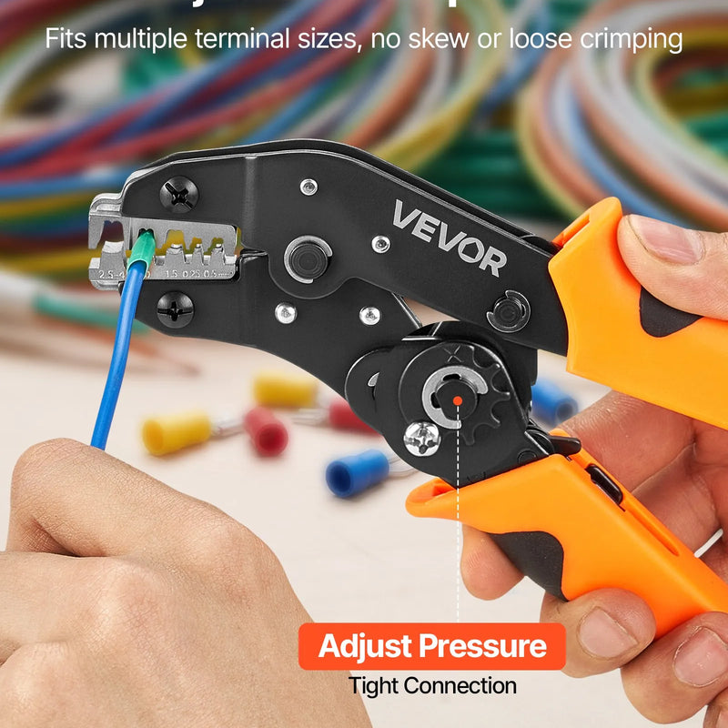 VEVOR vadu uzgaļu presēšanas knaibles 0,25–4 mm², sprūdrata tipa kabeļu presēšanas instruments ar regulējamu spiedienu, ātro atbrīvošanu un skaidriem metriskajiem marķējumiem dažādiem spaiļu veidiem