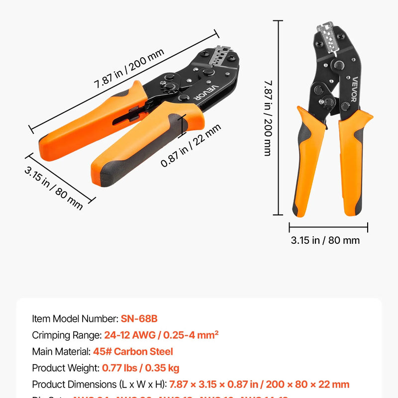 VEVOR vadu uzgaļu presēšanas knaibles 0,25–4 mm², sprūdrata tipa kabeļu presēšanas instruments ar regulējamu spiedienu, ātro atbrīvošanu un skaidriem metriskajiem marķējumiem dažādiem spaiļu veidiem