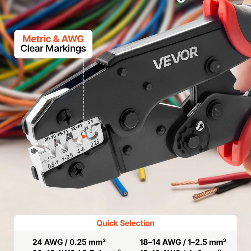 VEVOR vadu uzgaļu presēšanas knaibles 0,25–6 mm², sprūdrata tipa kabeļu presēšanas instruments ar regulējamu spiedienu, ātro atbrīvošanu un skaidriem metriskajiem marķējumiem dažādiem spaiļu veidiem