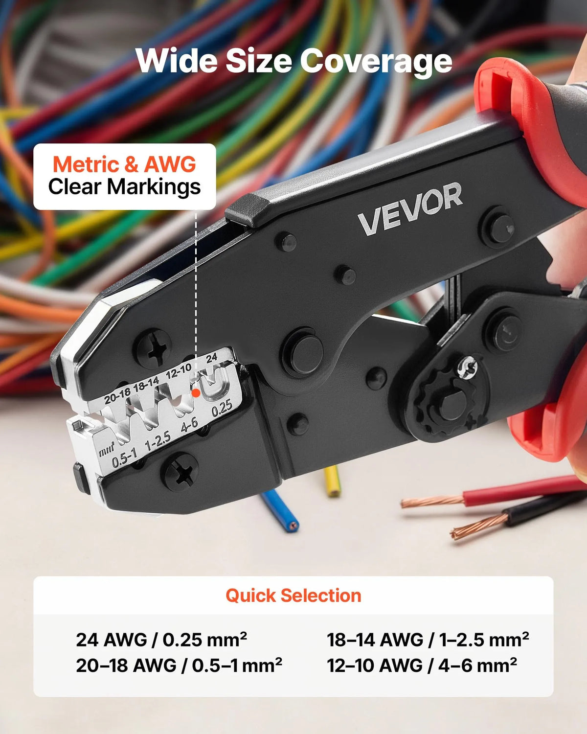 VEVOR vadu uzgaļu presēšanas knaibles 0,25–6 mm², sprūdrata tipa kabeļu presēšanas instruments ar regulējamu spiedienu, ātro atbrīvošanu un skaidriem metriskajiem marķējumiem dažādiem spaiļu veidiem