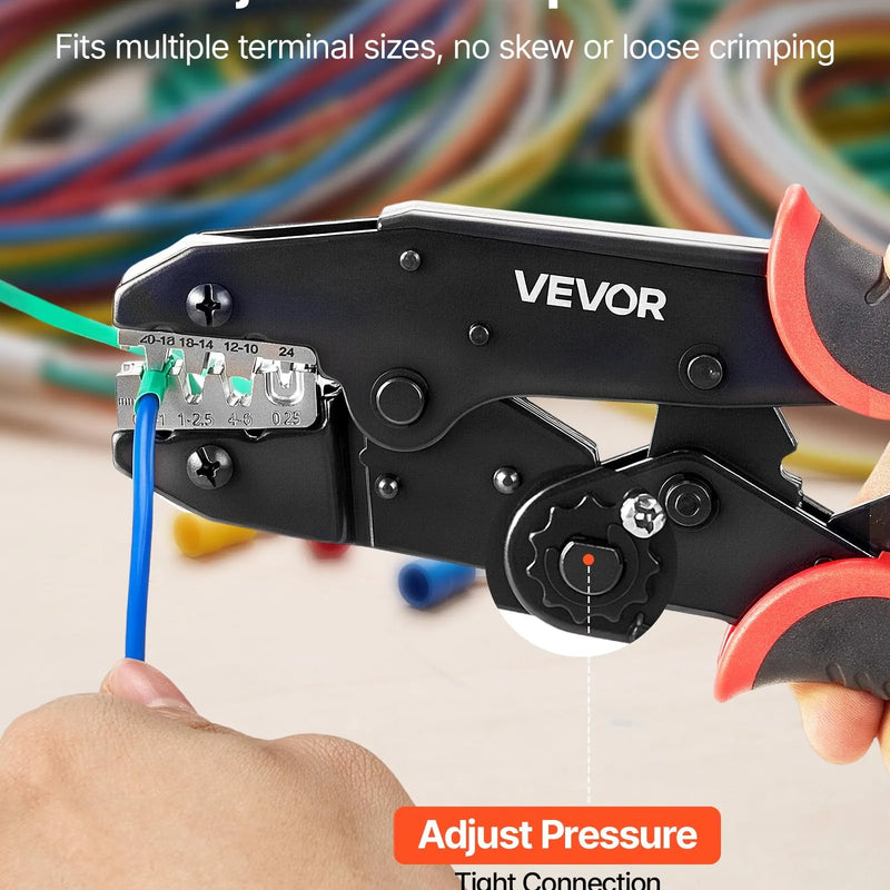 VEVOR vadu uzgaļu presēšanas knaibles 0,25–6 mm², sprūdrata tipa kabeļu presēšanas instruments ar regulējamu spiedienu, ātro atbrīvošanu un skaidriem metriskajiem marķējumiem dažādiem spaiļu veidiem