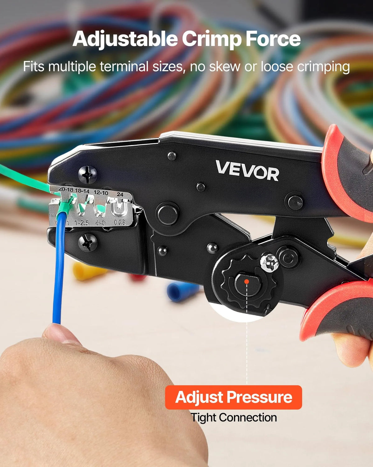 VEVOR vadu uzgaļu presēšanas knaibles 0,25–6 mm², sprūdrata tipa kabeļu presēšanas instruments ar regulējamu spiedienu, ātro atbrīvošanu un skaidriem metriskajiem marķējumiem dažādiem spaiļu veidiem