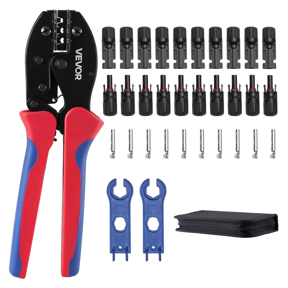 VEVOR saules paneļu savienotāju presēšanas instrumentu komplekts 2,5–6 mm², sprūdrata tipa presēšanas knaibles ar metriskajiem marķējumiem, 10 pāri saules savienotāju, 10 pāri kabeļu savienotāju, atslēgas un uzglabāšanas koferis