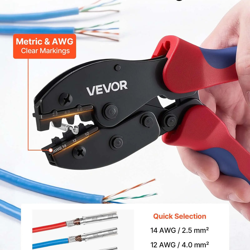 VEVOR saules paneļu savienotāju presēšanas instrumentu komplekts 2,5–6 mm², sprūdrata tipa presēšanas knaibles ar metriskajiem marķējumiem, 10 pāri saules savienotāju, 10 pāri kabeļu savienotāju, atslēgas un uzglabāšanas koferis