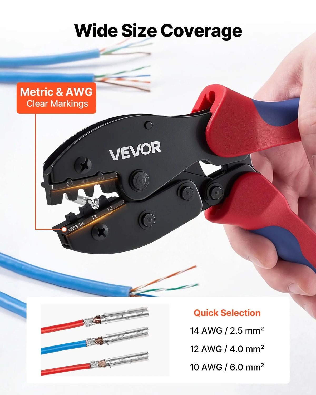 VEVOR saules paneļu savienotāju presēšanas instrumentu komplekts 2,5–6 mm², sprūdrata tipa presēšanas knaibles ar metriskajiem marķējumiem, 10 pāri saules savienotāju, 10 pāri kabeļu savienotāju, atslēgas un uzglabāšanas koferis