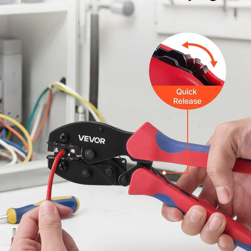 VEVOR saules paneļu savienotāju presēšanas instrumentu komplekts 2,5–6 mm², sprūdrata tipa presēšanas knaibles ar metriskajiem marķējumiem, 10 pāri saules savienotāju, 10 pāri kabeļu savienotāju, atslēgas un uzglabāšanas koferis