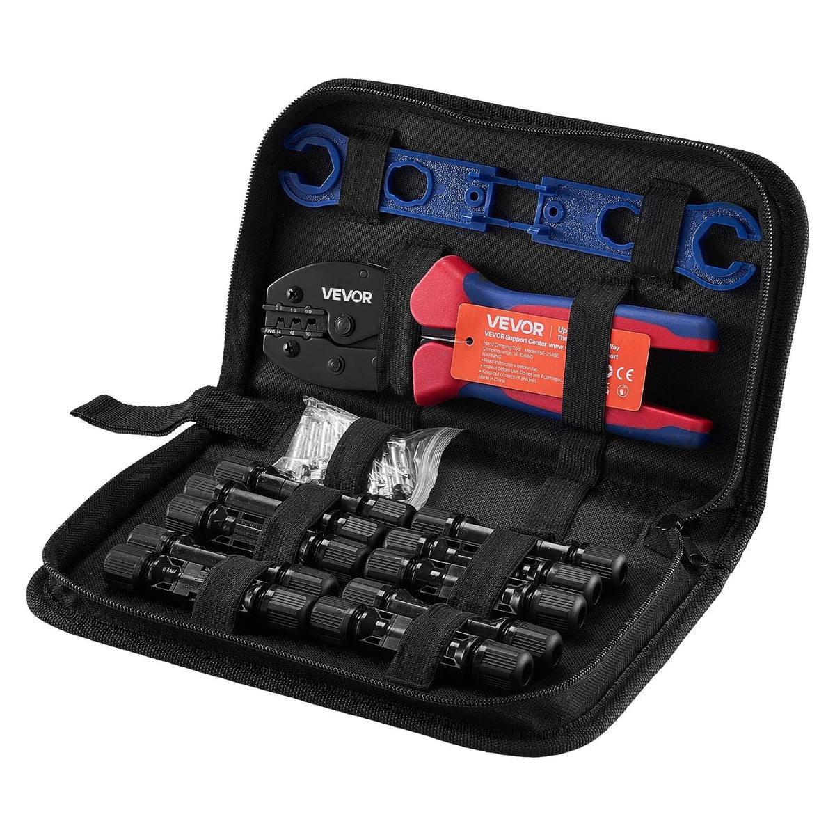 VEVOR saules paneļu savienotāju presēšanas instrumentu komplekts 2,5–6 mm², sprūdrata tipa presēšanas knaibles ar metriskajiem marķējumiem, 10 pāri saules savienotāju, 10 pāri kabeļu savienotāju, atslēgas un uzglabāšanas koferis