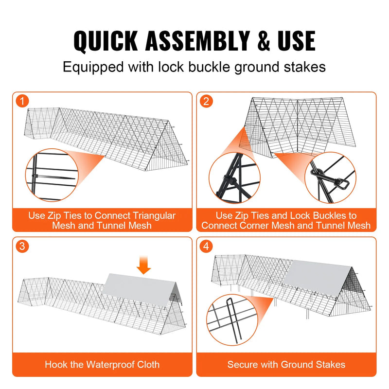 VEVOR vistas tuneļi, 400 × 100 × 61 cm (G × P × A) pārnēsājami āra tuneļi ar stūra rāmjiem, vistas pastaigu iežogojums, piemērots vistām, pīlēm un trušiem