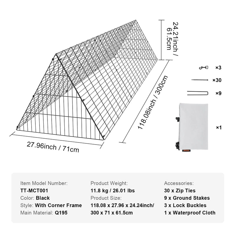 VEVOR vistas tunelis, 118.1 × 28 × 24.2 col (garums × platums × augstums) pārnēsājams āra vistas tunelis ar vieglu uzstādīšanu, piemērots vistām, pīlēm un trušiem, vistas skrejceļš pagalmam