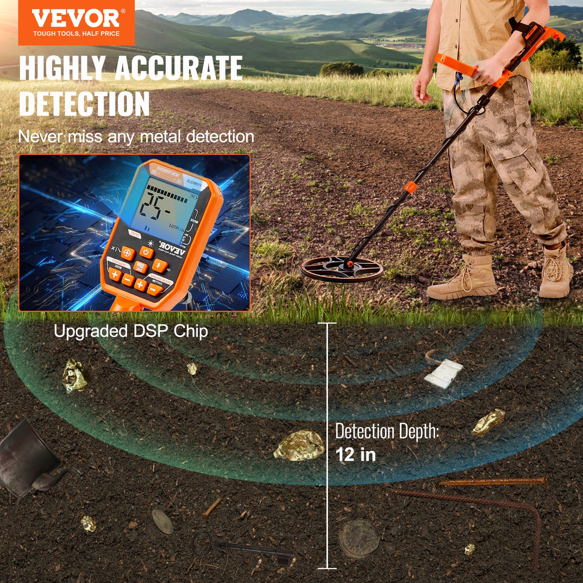 VEVOR ūdensizturīgs metāla detektors, 30,5 cm spole, profesionāls uzlādējams zelta detektors, regulējams 99-127 cm, LCD ekrāns, 7 režīmi, uzlabots DSP čips, Bluetooth austiņas, IP68 aizsardzība zelta un dārgumu meklēšanai