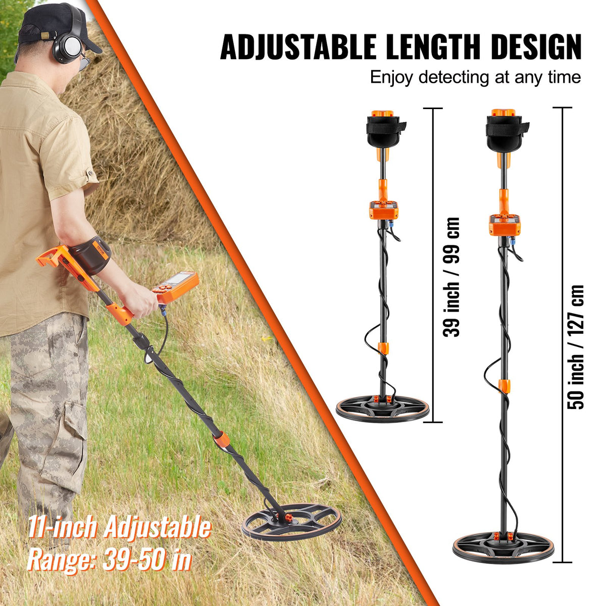 VEVOR ūdensizturīgs metāla detektors, 30,5 cm spole, profesionāls uzlādējams zelta detektors, regulējams 99-127 cm, LCD ekrāns, 7 režīmi, uzlabots DSP čips, Bluetooth austiņas, IP68 aizsardzība zelta un dārgumu meklēšanai