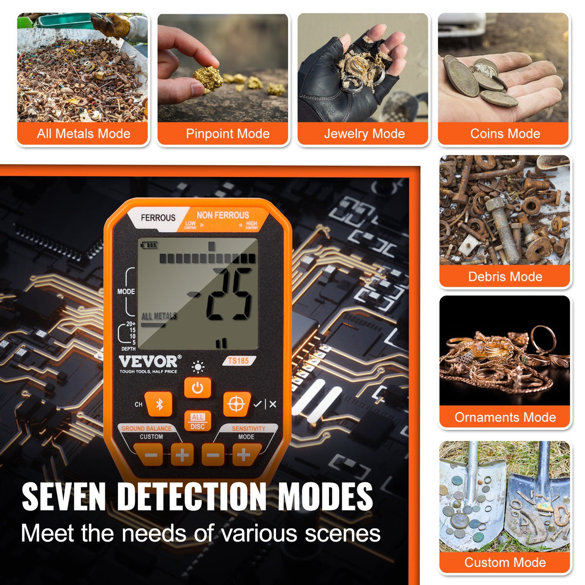 VEVOR ūdensizturīgs metāla detektors, 30,5 cm spole, profesionāls uzlādējams zelta detektors, regulējams 99-127 cm, LCD ekrāns, 7 režīmi, uzlabots DSP čips, Bluetooth austiņas, IP68 aizsardzība zelta un dārgumu meklēšanai