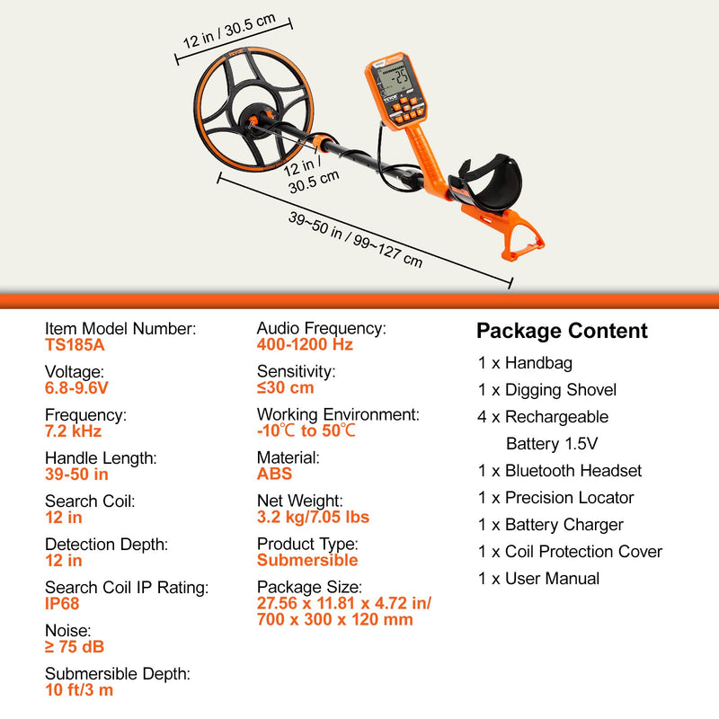 VEVOR ūdensizturīgs metāla detektors, 30,5 cm spole, profesionāls uzlādējams zelta detektors, regulējams 99-127 cm, LCD ekrāns, 7 režīmi, uzlabots DSP čips, Bluetooth austiņas, IP68 aizsardzība zelta un dārgumu meklēšanai