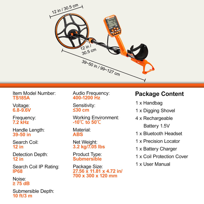 VEVOR ūdensizturīgs metāla detektors, 30,5 cm spole, profesionāls uzlādējams zelta detektors, regulējams 99–127 cm, LCD ekrāns, 7 režīmi, uzlabots DSP čips, Bluetooth austiņas, IP68 aizsardzība zelta un dārgumu meklēšanai