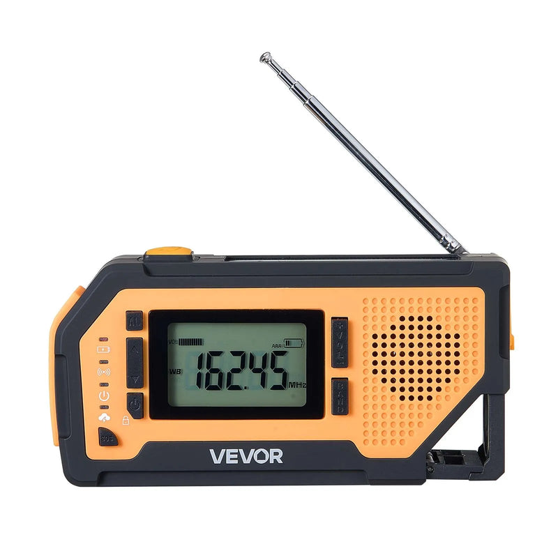 VEVOR avārijas laikapstākļu radio ar 2000 mAh akumulatoru, FM/AM/WB/NOAA trauksmi, saules un rokas ģeneratora uzlādi, USB savienojumu, SOS signālu un lukturīti, pārnēsājams āra situācijām un kempingam