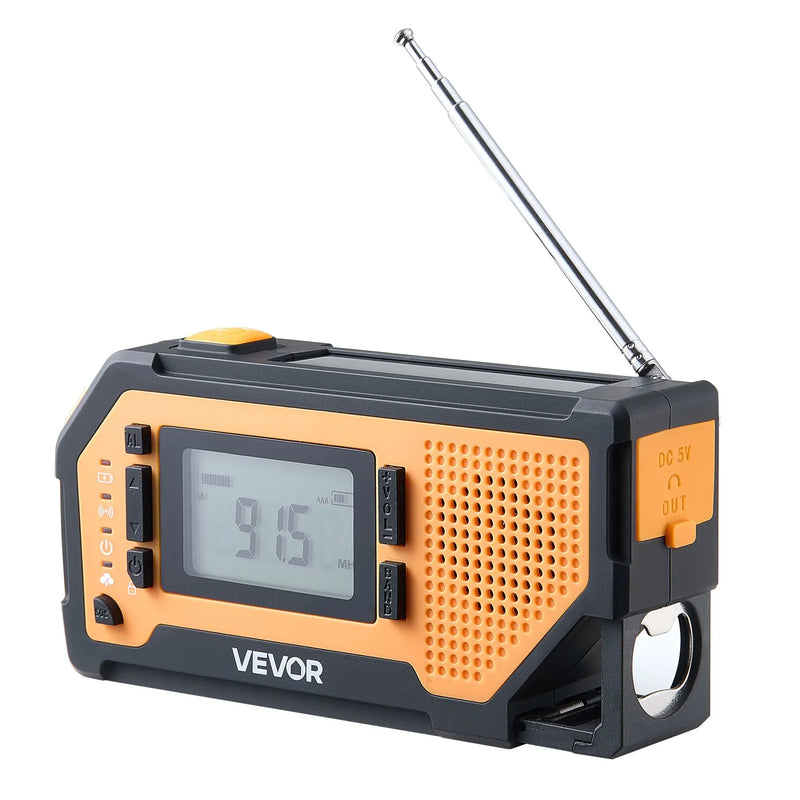 VEVOR avārijas laikapstākļu radio ar 2000 mAh akumulatoru, FM/AM/WB/NOAA trauksmi, saules un rokas ģeneratora uzlādi, USB savienojumu, SOS signālu un lukturīti, pārnēsājams āra situācijām un kempingam