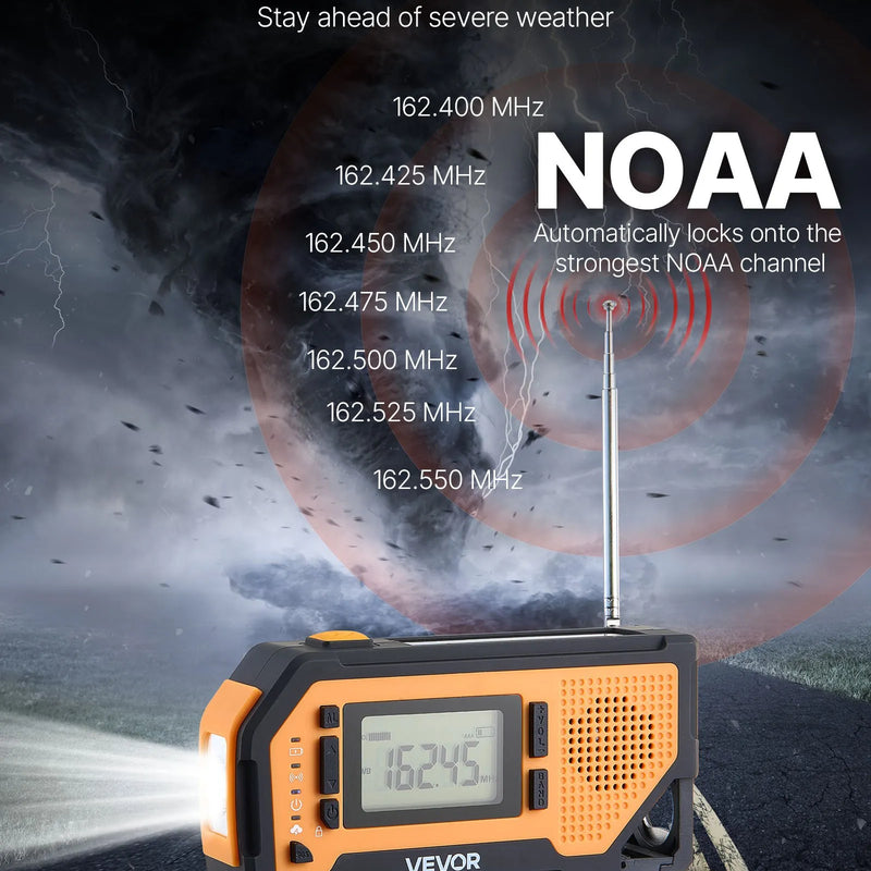 VEVOR avārijas laikapstākļu radio ar 2000 mAh akumulatoru, FM/AM/WB/NOAA trauksmi, saules un rokas ģeneratora uzlādi, USB savienojumu, SOS signālu un lukturīti, pārnēsājams āra situācijām un kempingam