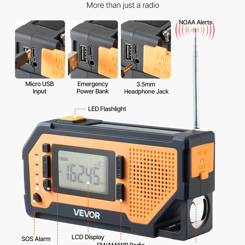 VEVOR avārijas laikapstākļu radio ar 2000 mAh akumulatoru, FM/AM/WB/NOAA trauksmi, saules un rokas ģeneratora uzlādi, USB savienojumu, SOS signālu un lukturīti, pārnēsājams āra situācijām un kempingam