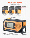 VEVOR avārijas laikapstākļu radio ar 2000 mAh akumulatoru, FM/AM/WB/NOAA trauksmi, saules un rokas ģeneratora uzlādi, USB savienojumu, SOS signālu un lukturīti, pārnēsājams āra situācijām un kempingam