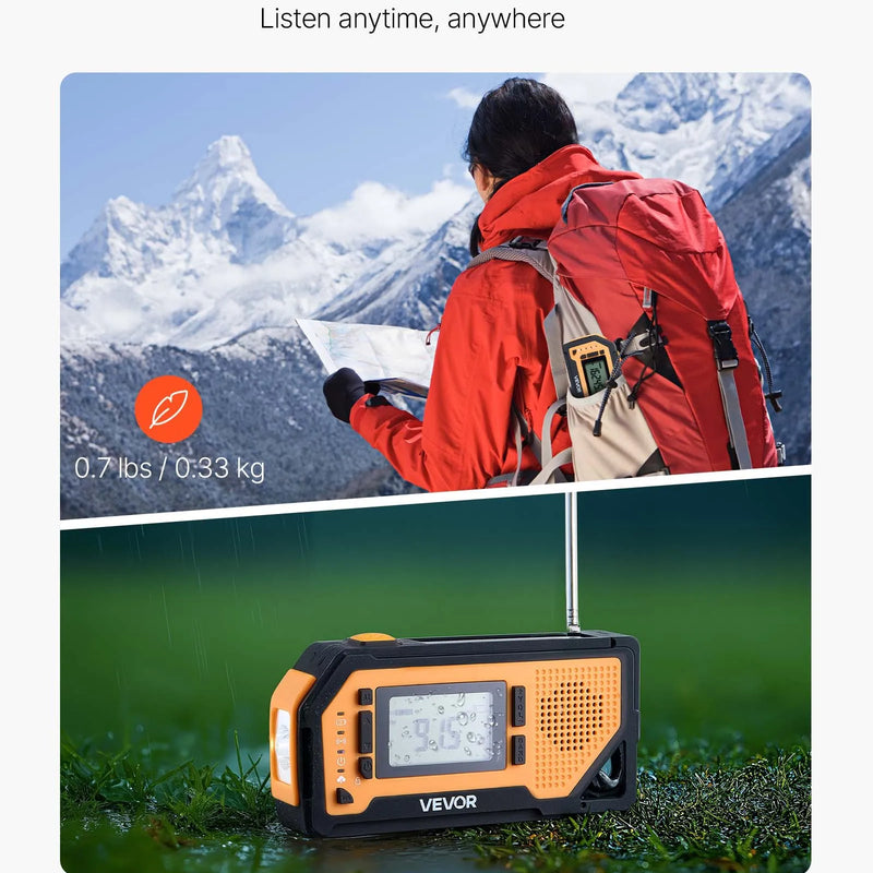 VEVOR avārijas laikapstākļu radio ar 2000 mAh akumulatoru, FM/AM/WB/NOAA trauksmi, saules un rokas ģeneratora uzlādi, USB savienojumu, SOS signālu un lukturīti, pārnēsājams āra situācijām un kempingam