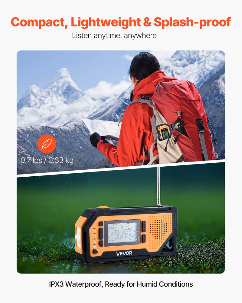 VEVOR avārijas laikapstākļu radio ar 2000 mAh akumulatoru, FM/AM/WB/NOAA trauksmi, saules un rokas ģeneratora uzlādi, USB savienojumu, SOS signālu un lukturīti, pārnēsājams āra situācijām un kempingam