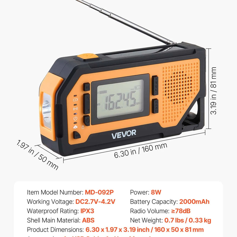 VEVOR avārijas laikapstākļu radio ar 2000 mAh akumulatoru, FM/AM/WB/NOAA trauksmi, saules un rokas ģeneratora uzlādi, USB savienojumu, SOS signālu un lukturīti, pārnēsājams āra situācijām un kempingam