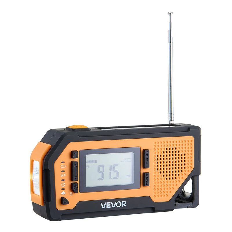 VEVOR avārijas laikapstākļu radio ar 2000 mAh akumulatoru, FM/AM/WB/NOAA trauksmi, saules un rokas ģeneratora uzlādi, USB savienojumu, SOS signālu un lukturīti, pārnēsājams āra situācijām un kempingam