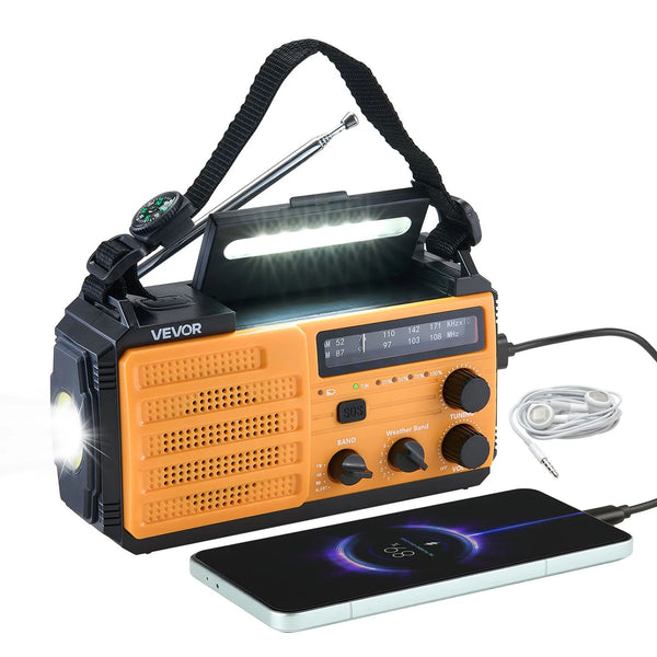 VEVOR avārijas laikapstākļu radio, 8000 mAh akumulators, FM/AM/WB/NOAA brīdinājumu uztvērējs ar saules bateriju un rokas ģeneratoru, Type-C uzlāde, USB kabelis, SOS trauksmes signāls un lukturis, pārnēsājams āra un avārijas situācijām, kempingam