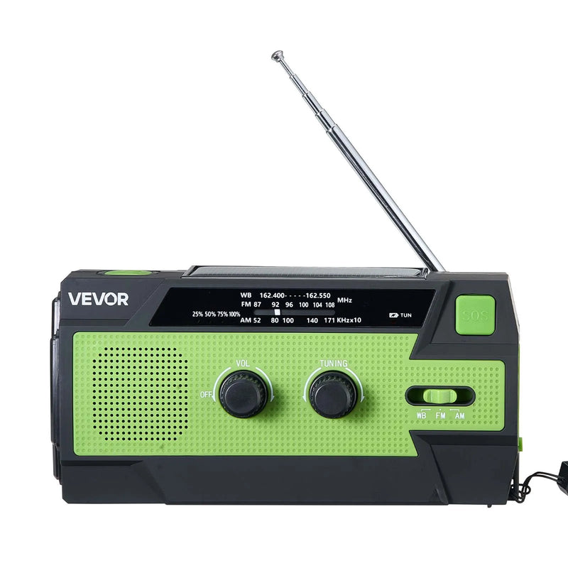 VEVOR avārijas laikapstākļu radio, 4000 mAh akumulators, FM/AM/WB/NOAA brīdinājumu uztvērējs ar saules bateriju un rokas ģeneratoru, USB uzlādes kabelis, SOS trauksmes signāls un lukturis, pārnēsājams āra un avārijas situācijām, kempingam