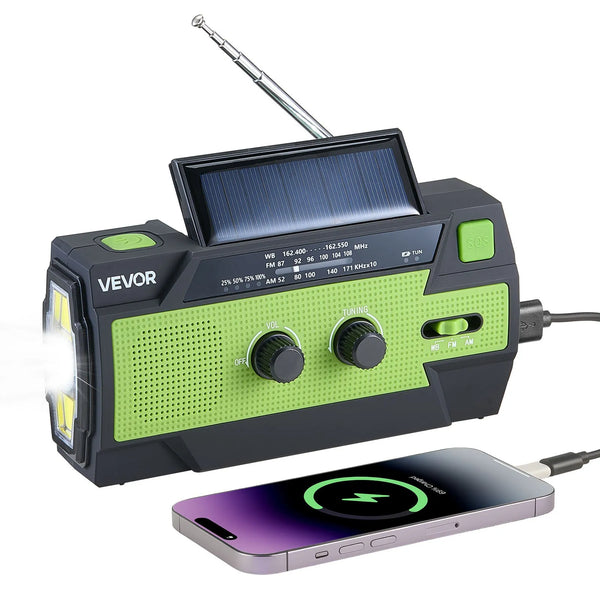 VEVOR avārijas laikapstākļu radio, 4000 mAh akumulators, FM/AM/WB/NOAA brīdinājumu uztvērējs ar saules bateriju un rokas ģeneratoru, USB uzlādes kabelis, SOS trauksmes signāls un lukturis, pārnēsājams āra un avārijas situācijām, kempingam
