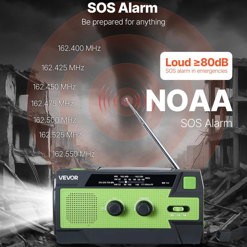 VEVOR avārijas laikapstākļu radio, 4000 mAh akumulators, FM/AM/WB/NOAA brīdinājumu uztvērējs ar saules bateriju un rokas ģeneratoru, USB uzlādes kabelis, SOS trauksmes signāls un lukturis, pārnēsājams āra un avārijas situācijām, kempingam