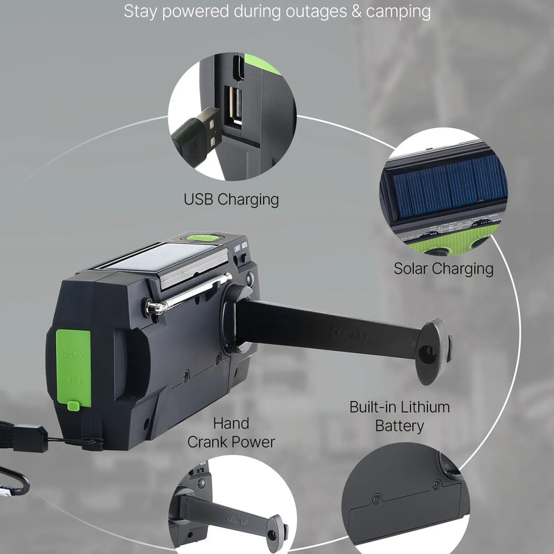 VEVOR avārijas laikapstākļu radio, 4000 mAh akumulators, FM/AM/WB/NOAA brīdinājumu uztvērējs ar saules bateriju un rokas ģeneratoru, USB uzlādes kabelis, SOS trauksmes signāls un lukturis, pārnēsājams āra un avārijas situācijām, kempingam
