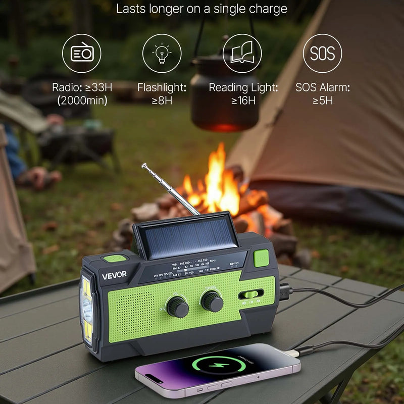 VEVOR avārijas laikapstākļu radio, 4000 mAh akumulators, FM/AM/WB/NOAA brīdinājumu uztvērējs ar saules bateriju un rokas ģeneratoru, USB uzlādes kabelis, SOS trauksmes signāls un lukturis, pārnēsājams āra un avārijas situācijām, kempingam