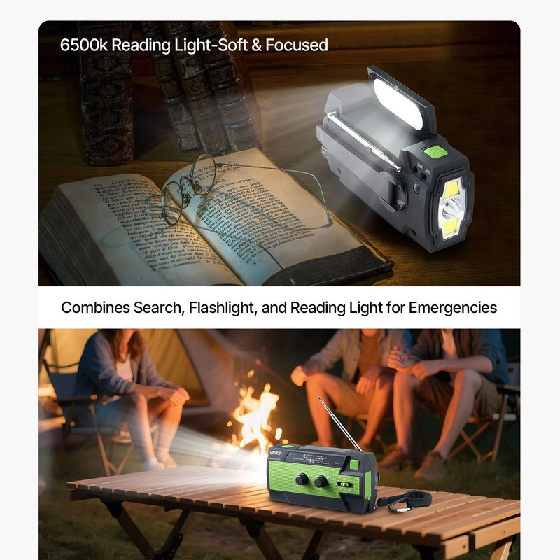 VEVOR avārijas laikapstākļu radio, 4000 mAh akumulators, FM/AM/WB/NOAA brīdinājumu uztvērējs ar saules bateriju un rokas ģeneratoru, USB uzlādes kabelis, SOS trauksmes signāls un lukturis, pārnēsājams āra un avārijas situācijām, kempingam