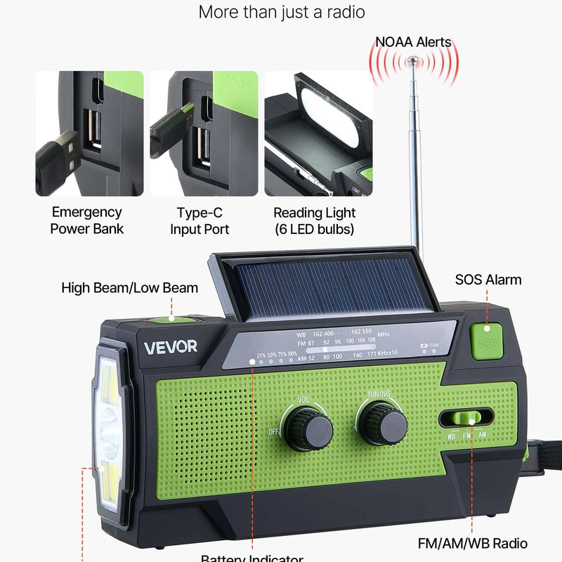 VEVOR avārijas laikapstākļu radio, 4000 mAh akumulators, FM/AM/WB/NOAA brīdinājumu uztvērējs ar saules bateriju un rokas ģeneratoru, USB uzlādes kabelis, SOS trauksmes signāls un lukturis, pārnēsājams āra un avārijas situācijām, kempingam
