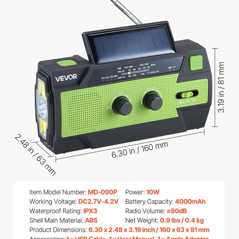 VEVOR avārijas laikapstākļu radio, 4000 mAh akumulators, FM/AM/WB/NOAA brīdinājumu uztvērējs ar saules bateriju un rokas ģeneratoru, USB uzlādes kabelis, SOS trauksmes signāls un lukturis, pārnēsājams āra un avārijas situācijām, kempingam