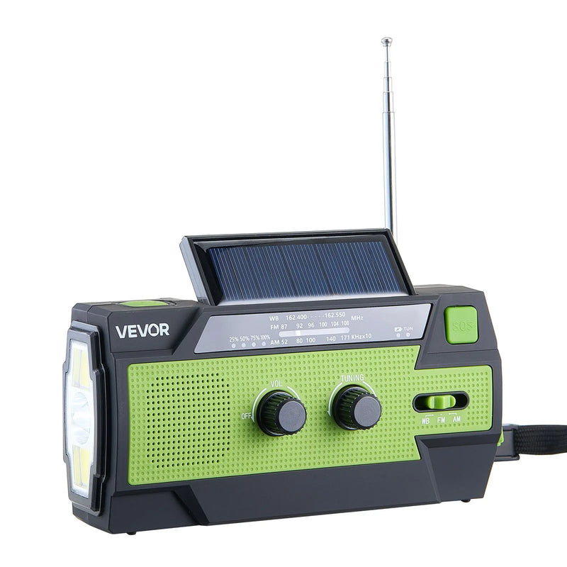 VEVOR avārijas laikapstākļu radio, 4000 mAh akumulators, FM/AM/WB/NOAA brīdinājumu uztvērējs ar saules bateriju un rokas ģeneratoru, USB uzlādes kabelis, SOS trauksmes signāls un lukturis, pārnēsājams āra un avārijas situācijām, kempingam