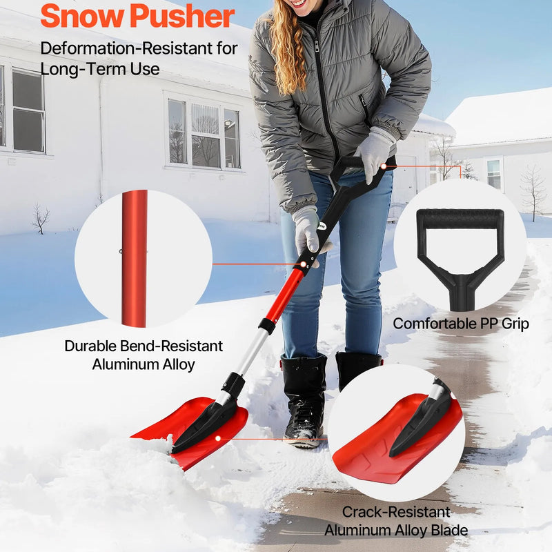 VEVOR salokāma sniega lāpsta celiņiem, 22 cm plata ar D veida rokturi, 91–102 cm regulējams garums, viegla alumīnija sniega tīrīšanas lāpsta muguras slodzes mazināšanai dārzā, automašīnai un kempingam