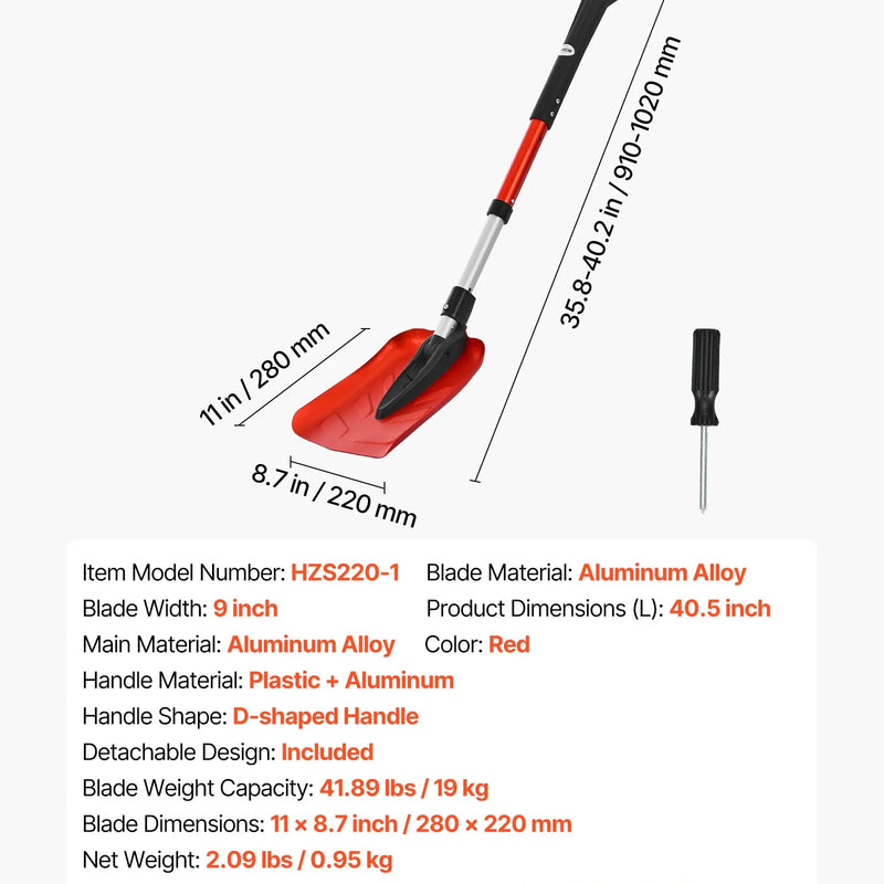 VEVOR salokāma sniega lāpsta celiņiem, 22 cm plata ar D veida rokturi, 91–102 cm regulējams garums, viegla alumīnija sniega tīrīšanas lāpsta muguras slodzes mazināšanai dārzā, automašīnai un kempingam