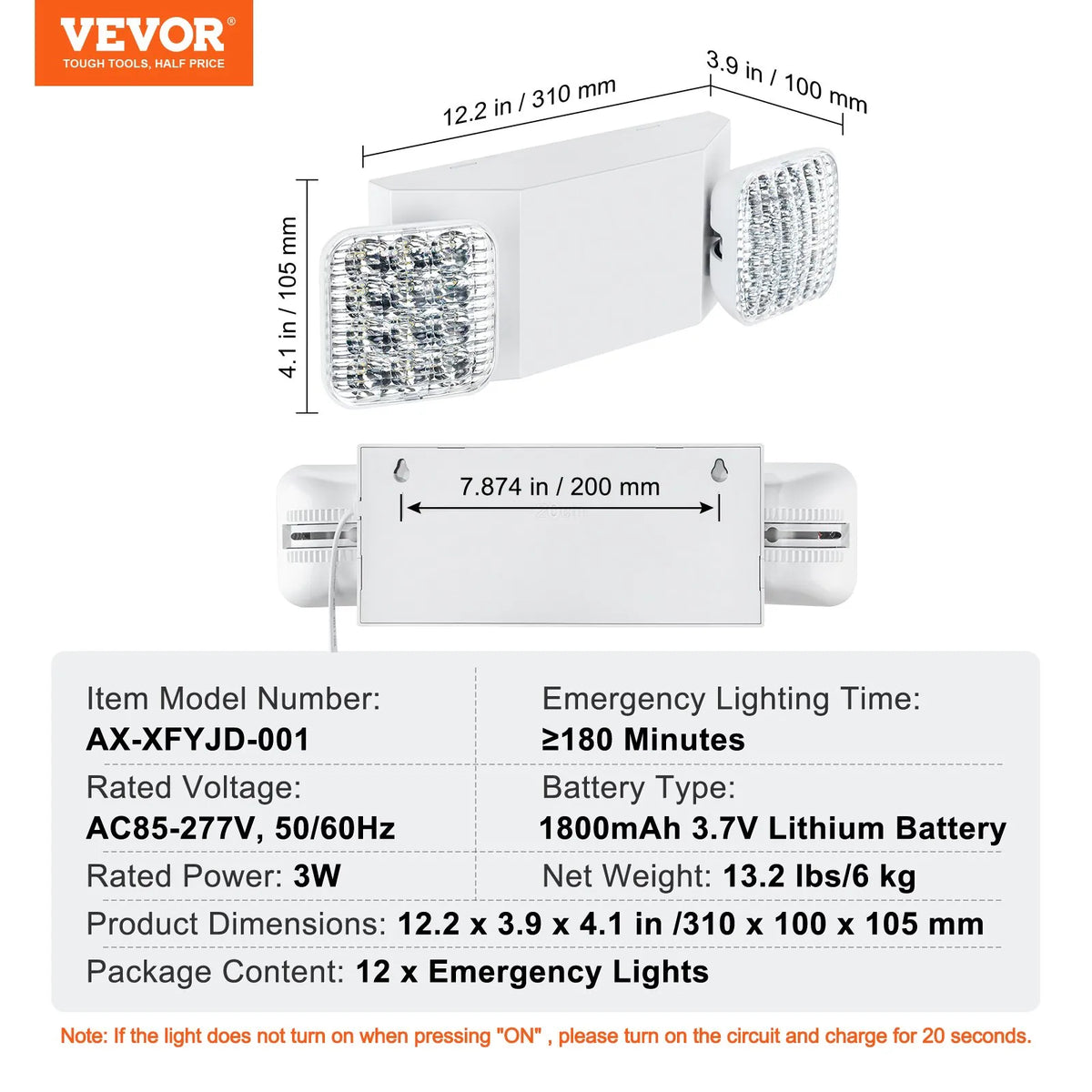 12 Pack Commercial Emergency Lights, 3 W White LED Output Lighting Fixtures with 180 min Backup Battery, Adjustable 2 Square LED Heads, Ceiling or Wall Mount, Suitable for Businesses During Power Outages