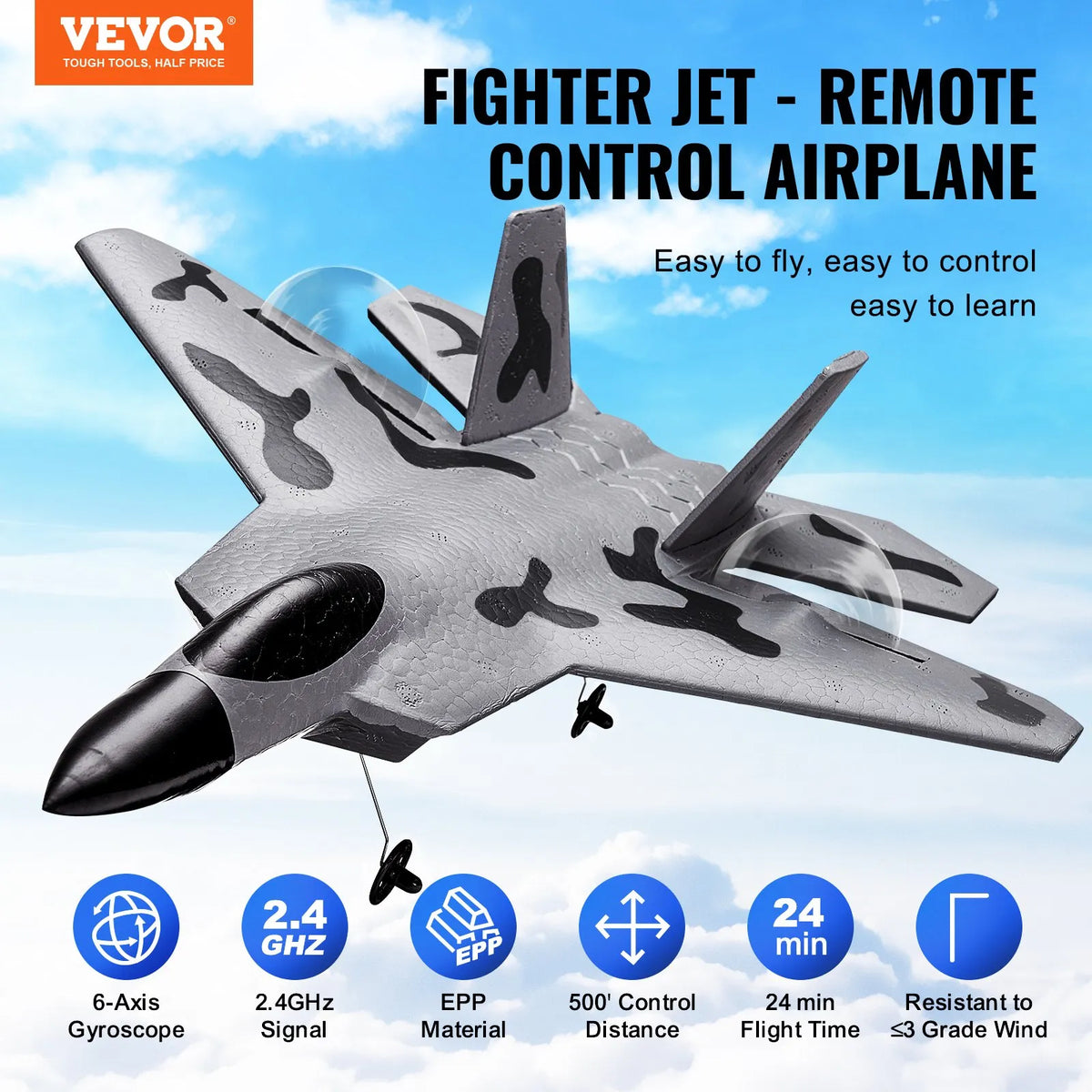VEVOR RC Plane 2.4 GHz 2 Channel Fighter with 6 Axis Gyroscope and 2 Batteries, Beginner