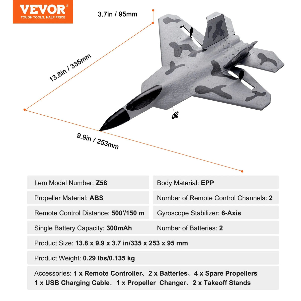 VEVOR RC Plane 2.4 GHz 2 Channel Fighter with 6 Axis Gyroscope and 2 Batteries, Beginner