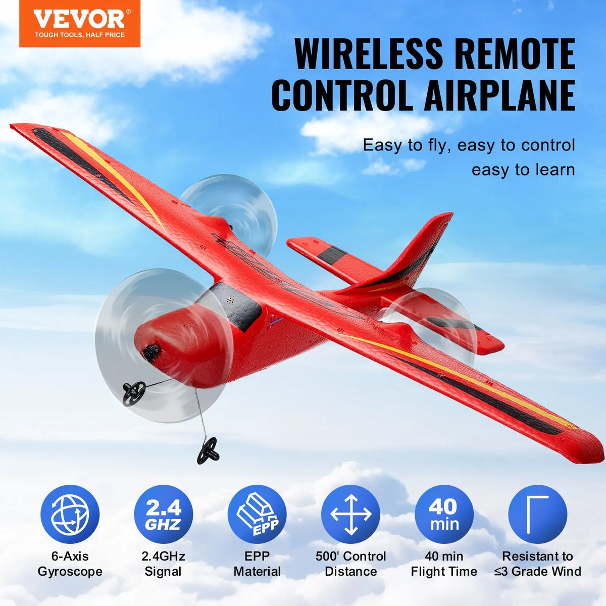 VEVOR RC Plane 2.4 GHz 2-Channel Glider with 6-Axis Gyroscope and 2 Batteries for Beginners