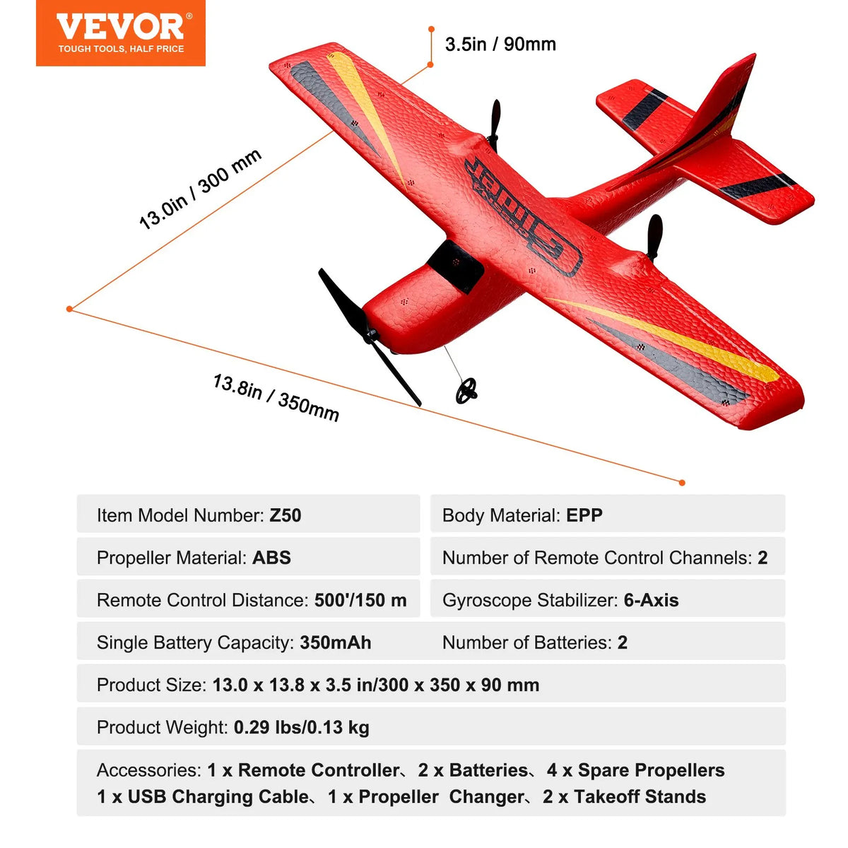 VEVOR RC Plane 2.4 GHz 2-Channel Glider with 6-Axis Gyroscope and 2 Batteries for Beginners
