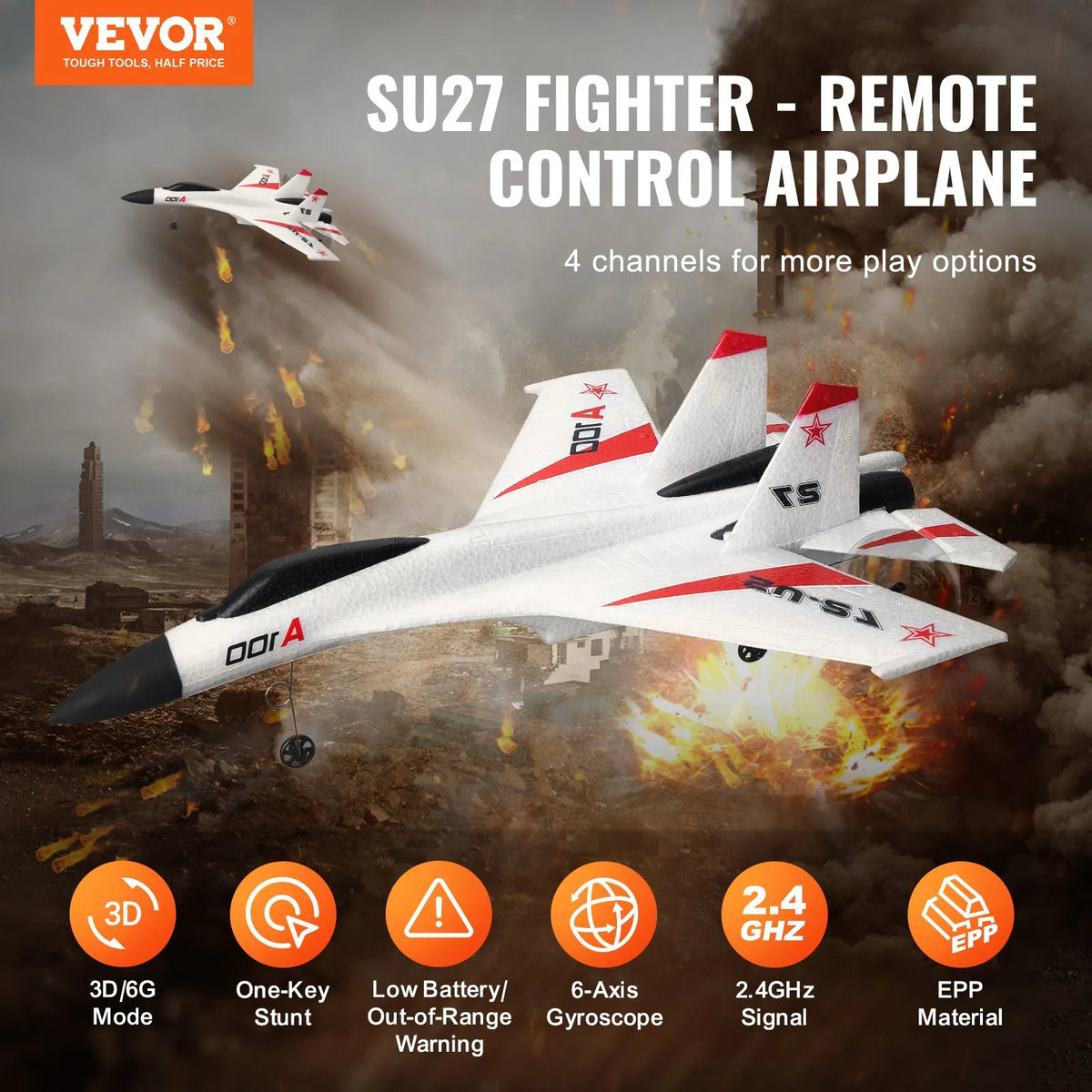 VEVOR RC Plane 2.4 GHz 4-Channel Fighter Aircraft with 6-Axis Gyroscope and 2 Batteries, 3D/6G