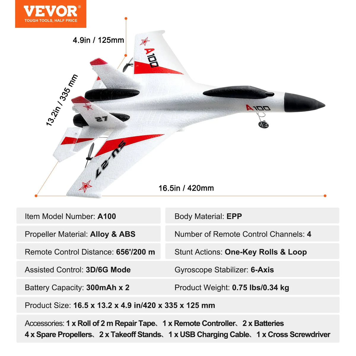 VEVOR RC Plane 2.4 GHz 4-Channel Fighter Aircraft with 6-Axis Gyroscope and 2 Batteries, 3D/6G